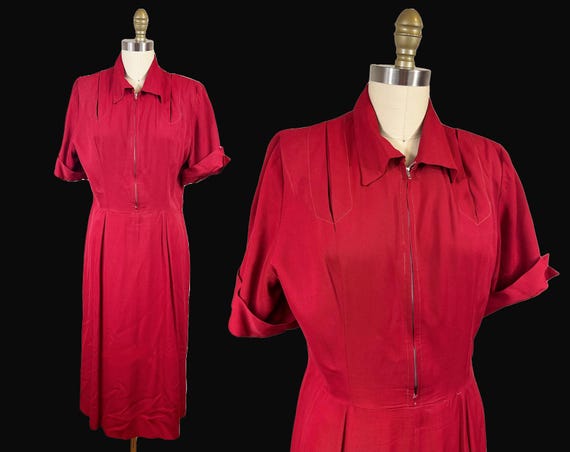 red dress zipper down front Vintage 1940s VOLUP Red Dress - Zipper Front Detail Waist: 32