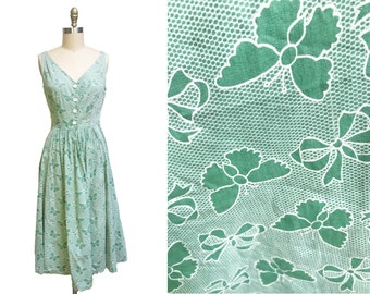 Vintage 1940s 1950s Green White Butterfly Bow Print Dress - White Button Front Full Skirt Waist: 26.5"