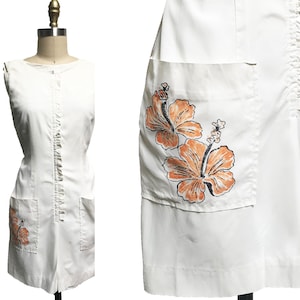Rare Vintage 1960s White Orange Hawaiian Playsuit Romper - Hand Painted Flowers  Tiki Oasis Hawaii Tropical Vacation Size: Small