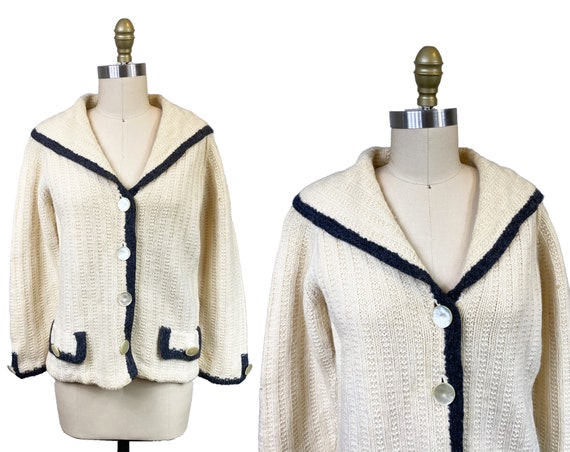 Vintage 1960s White Knit Cardigan - Grey Striped … - image 1