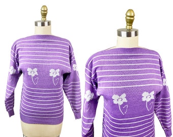 Vintage 1980s Purple Flower Pullover Sweater - White Striped Boat Neck Size: Medium