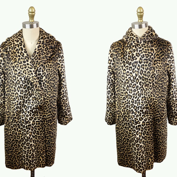 Vintage 1960s Leopard Print Coat - Winter High Neck Long Winter Medium