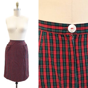 Vintage 1950s Christmas Pencil Skirt - Gingham Red Green Pockets Waist-25.25"