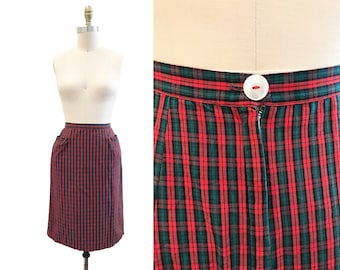 Vintage 1950s Christmas Pencil Skirt - Gingham Red Green Pockets Waist-25.25"