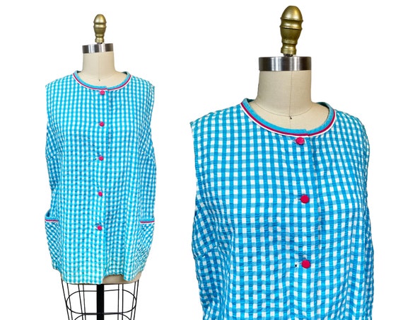 Vintage 1950s Blue White Gingham Tank Top Pink Bu… - image 1