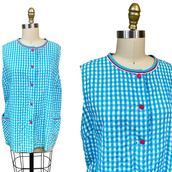 Vintage 1950s Blue White Gingham Tank Top Pink Button Up with Large Pockets Size: XL