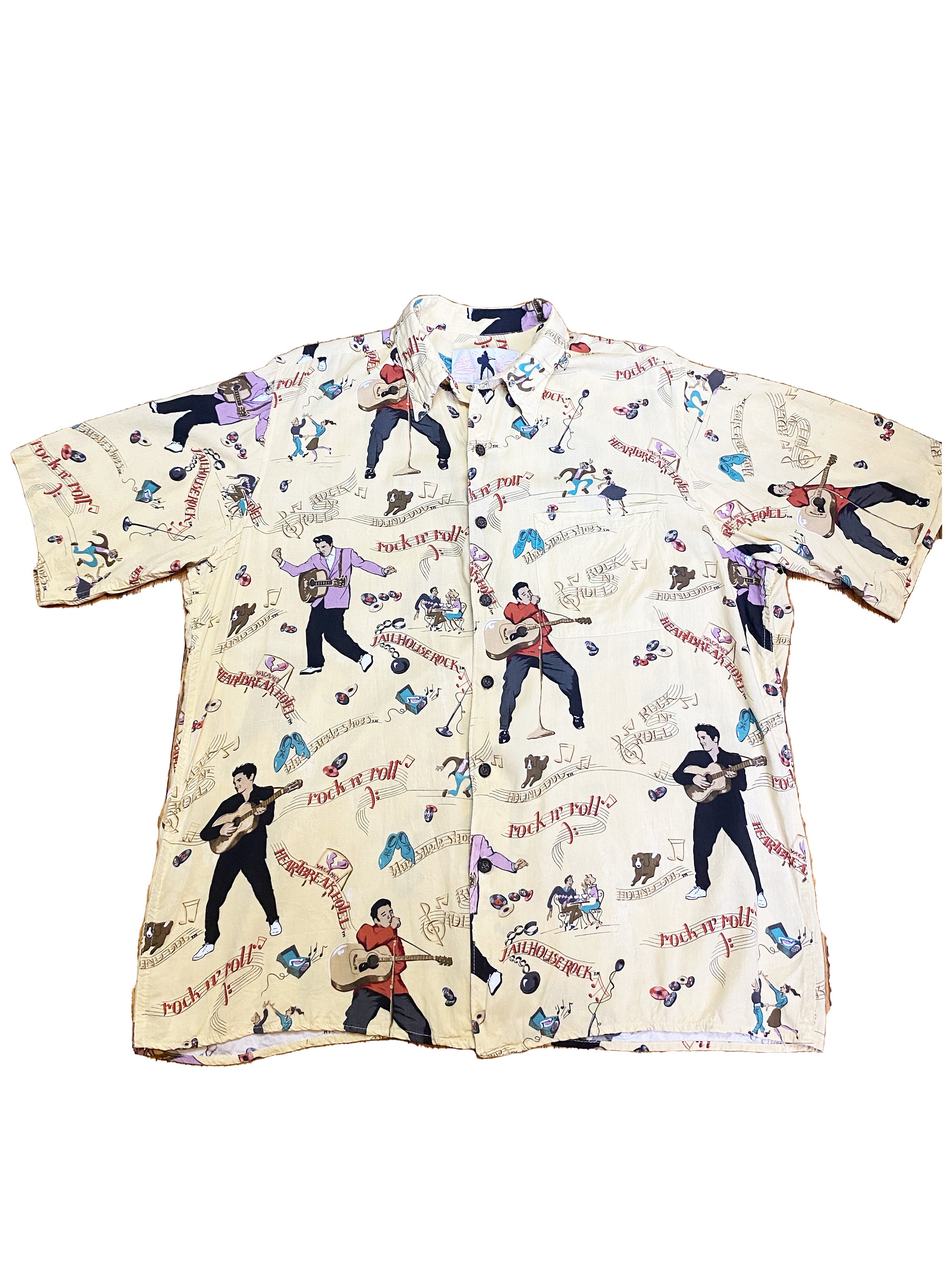 Vintage 1990s Elvis Rayon Hawaiian Shirt - Novelty Print Yellow