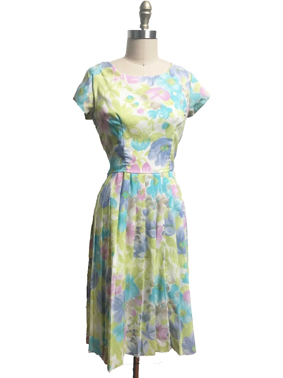 Vintage 1960s Dress - Pastel Green Blue Purple Fl… - image 2