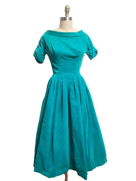 Vintage 1950s Blue Velvet Dress Cocktail Bow Detail… Gem