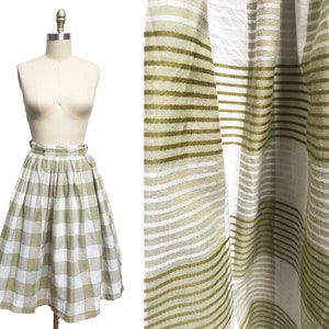 Vintage 1950s Green White Skirt - Striped Plaid Cotton High Waisted Summer Waist-24&quot;