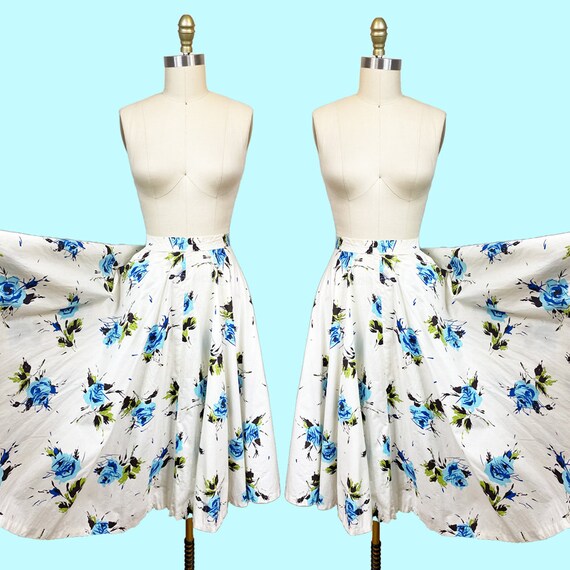Vintage 1950s White Blue Rose Circle Skirt - High… - image 8