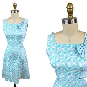 Vintage 1950s 1960s Polka Dot Dress - Aqua Sky Blue Button Bow Detail Summer Cotton Form Fitting Waist:26&quot;