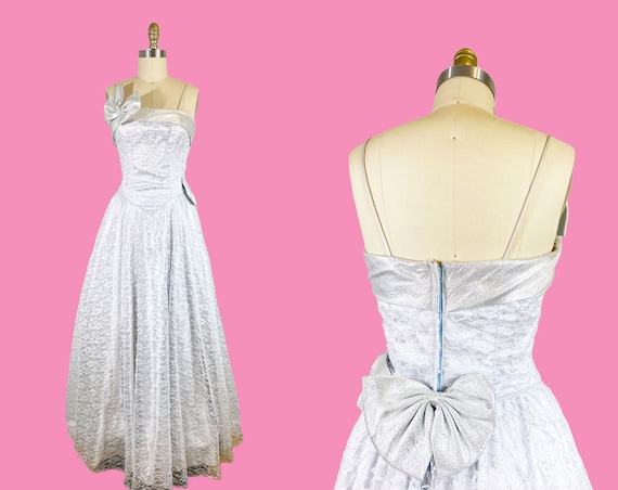 Buy Vintage 1980s Prom Gown - Silver Lace Dirty Dancing Long Maxi Bow  Spaghetti Strap Corset Dress Waist: 28" Online in India - Etsy