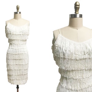 Vintage 1950&#39;s 1960s White Fringe Wiggle Dress- Viva Las Vegas Rare Union Label Waist-23&quot;