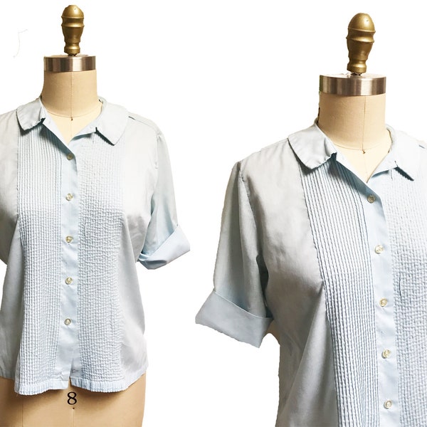 Vintage 1950s Blue Cotton Shirt - Solid Classic Casual Button Front Blouse Short Sleeve Medium