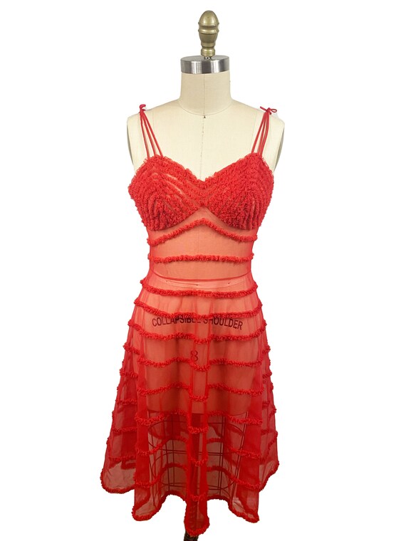 Vintage 1950s Red Ruffle Slip Dress - Moulin Roug… - image 2