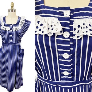 Vintage VOLUP 1940s Navy White Striped Dress - Eyelet Trim White Button  Pockets Waist: 30&quot;-38&quot;