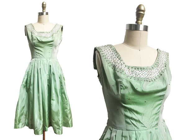 Vintage 1950's Dress- Mint Green Taffeta Iridesce… - image 1