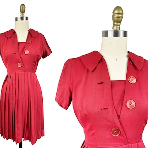 Vintage 1950s Red Button Front Front Dress - Pleated Skirt Waist:25&quot;