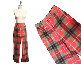 Vintage 1970s Wide Leg Christmas Pant-  Plaid High Waisted Pants Cuffed Hem Waist-28"