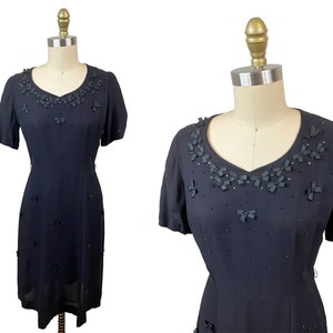 Vintage 1940s Black Bow Rhinestone Dress - Cocktail Evening Short Sleeve Waist: 29&quot;