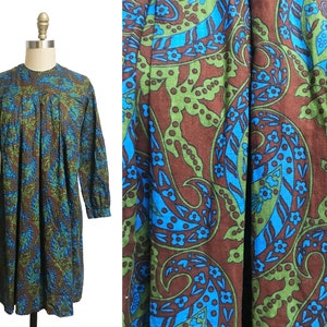 Vintage 1960s Brown Green Blue Paisley Pattern Dress - Long Sleeve Size Small-Medium