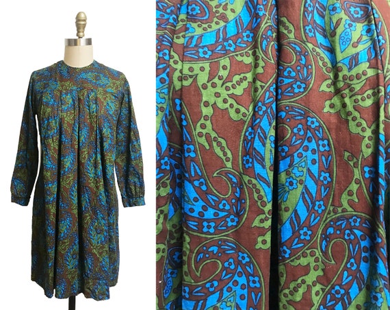 Vintage 1960s Brown Green Blue Paisley Pattern Dr… - image 1