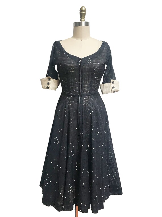 Vintage 1950s Black White Polka Dot Dress Zip Front White Large Cuff Detail Waist:26.5