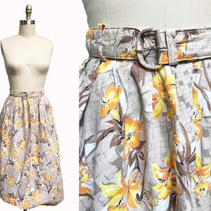 Vintage 1950&#39;s Novelty Print sudoku Crossword Puzzle Game Skirt- Floral Matching Belt Waist-26&quot;