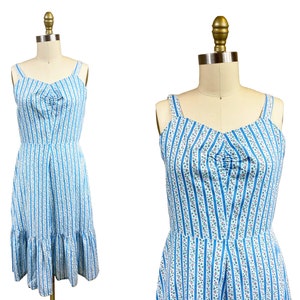 Vintage 1950s 1970s Blue Floral Striped Dress - Mary Antoinette Tank Top Summer Cotton Waist-31&quot;