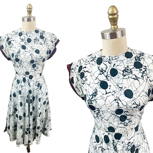 Vintage 1940s Ivory Black Polka Dot Dress -As IS Vain Spider Web Print Waist: 26&quot;