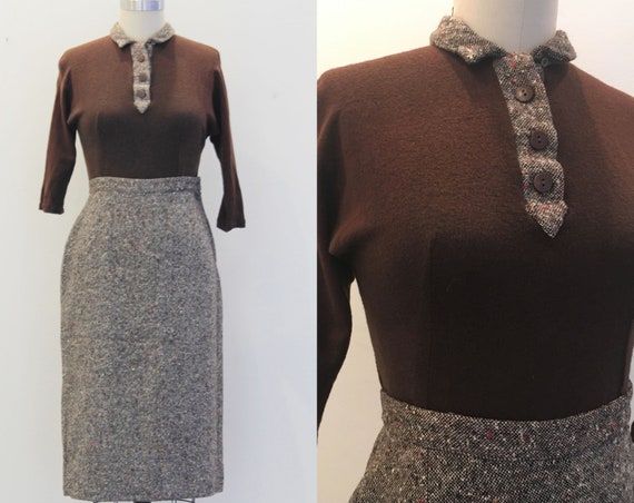 Vintage 1950's Set- Brown Sweater Tweed Skirt Matc