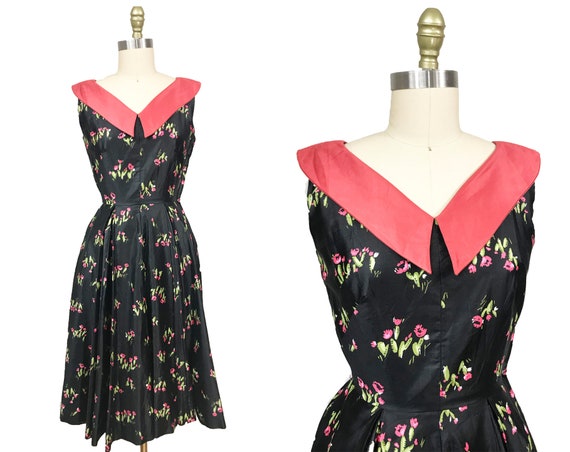 Vintage 1950s Cactus Black Dress - Pink Collar Fu… - image 1