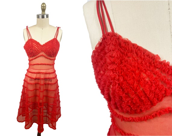 Vintage 1950s Red Ruffle Slip Dress - Moulin Roug… - image 1