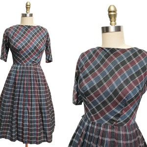 Vintage 1950s Plaid Dress- Fall Blue Burgundy Brown Printed Full Skirt Waist-26&quot;