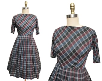 Vintage 1950s Plaid Dress- Fall Blue Burgundy Brown Printed Full Skirt Waist-26"