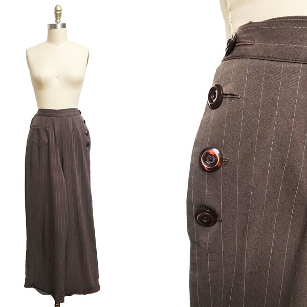 Vintage 1940s Inspired Brown Pin Striped Pants - Vivien of Holloway High Waisted Side Button Trousers Waist: 27"