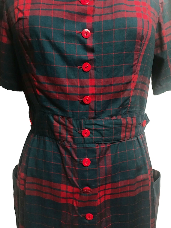 Vintage 1950s VOLUP Red Green Plaid Cotton Dress-… - image 4