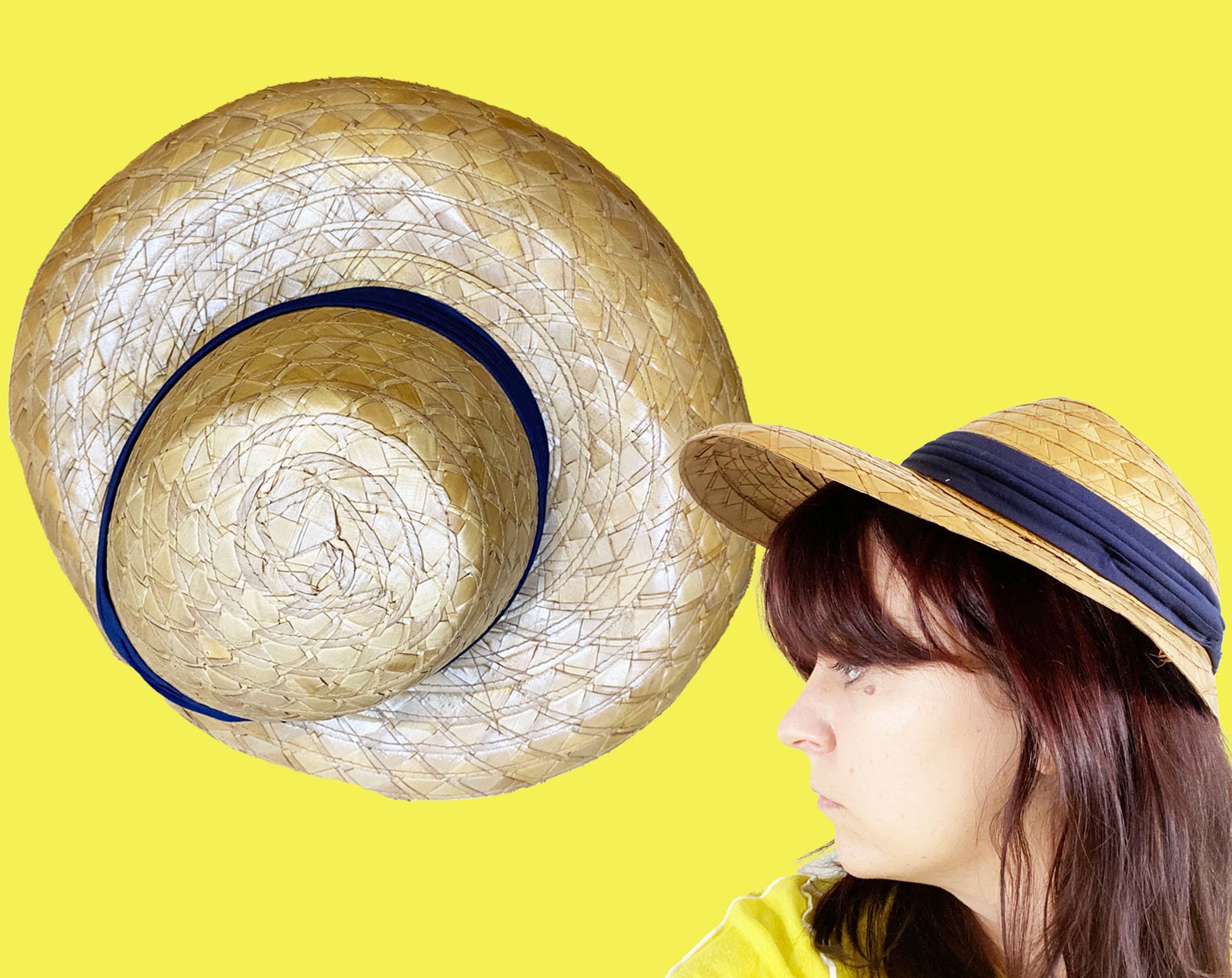 Vintage 1940s Straw Hat - Bonnet Halo Large Brim Summer Navy  display picture 1