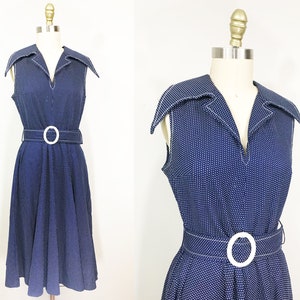 Vintage 1970s Polka Dot Navy Dress - Matching Belt Large Collar Waist: 31&quot;