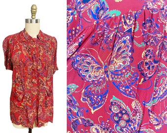Vintage 1940s Butterfly Blouse - Red Cold Rayon Cover Button Large Pocket Maternity Bust: 46"