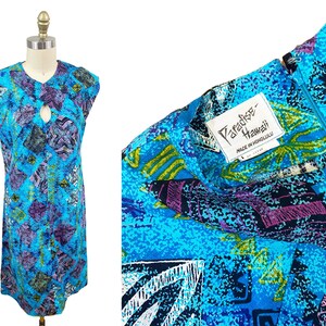 Vintage VOLUP 1960s Hawaiian Dress - Paradise Tiki Blue Purple Speckle Print Waist: 37&quot;