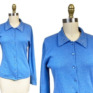 Vintage 1950s Blue Cashmere Cardigan - Rhinestone Collar Sweater Detail Size: Medium