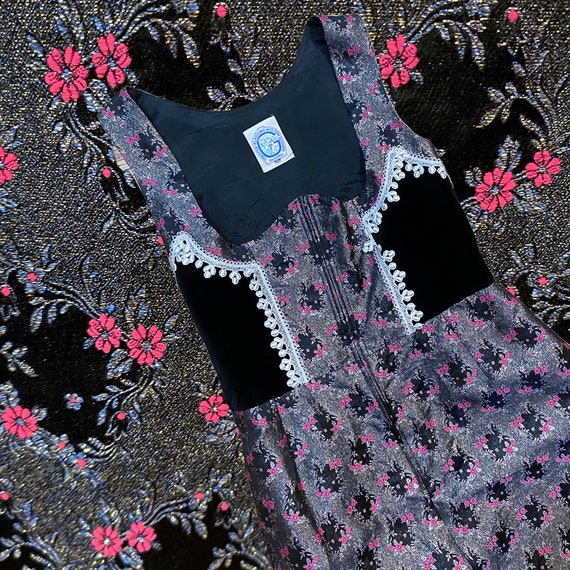 Vintage Dirndl Dress - Black Velvet Pink Brocade … - image 8