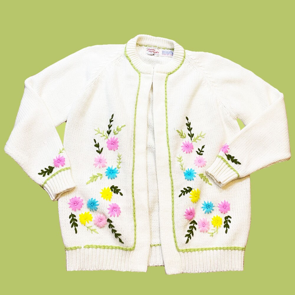 60s Floral Embroidered Cardigan, Vintage 1960s White Flower