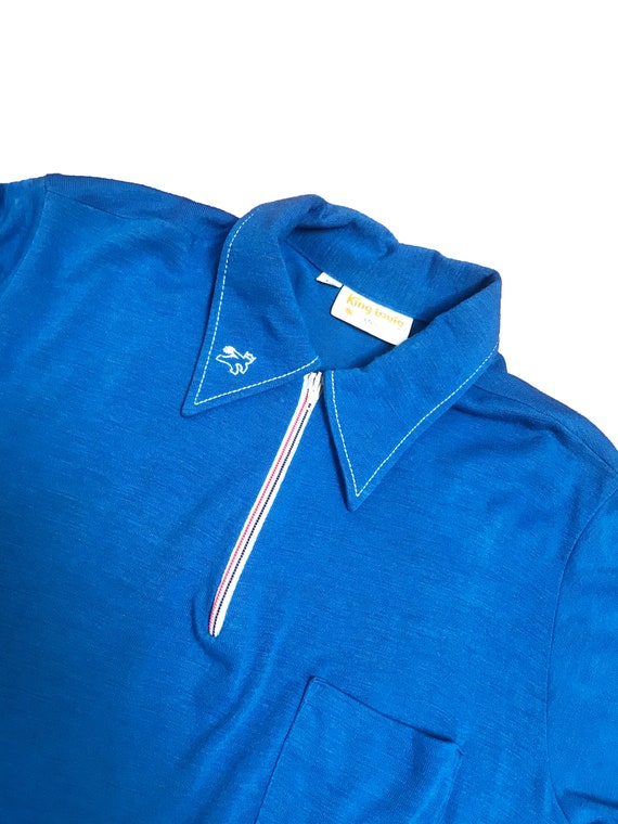 Vintage 1970s Mens Bowling Shirt - Blue Knit Zip … - image 3