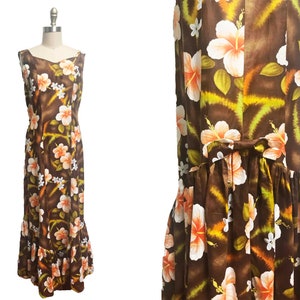Vintage VOLUP 1950s Hawaiian Mermaid Maxi Dress - Brown White Flowers Ruffle Botton with Bow Waist-33&quot;