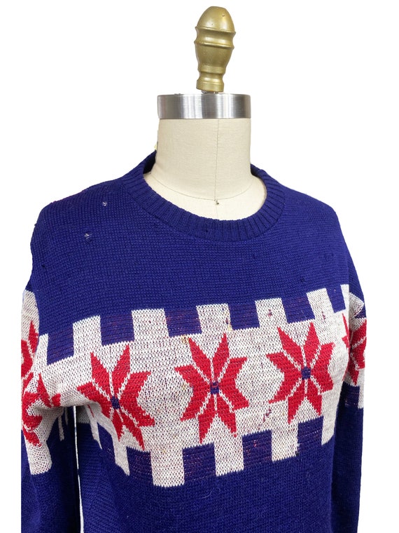 Vintage 1940s Christmas Snowflake Sweater - Navy … - image 3