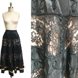 Vintage 1950s Black Pink Lace Skirt - Full Gold Trim Stripes Sheer Waist: 28&quot;
