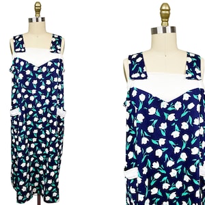 Vintage VOLUP 1960s Navy Blue White Tulip Dress - Large Pockets A-Line Tank Top Waist:48&quot;
